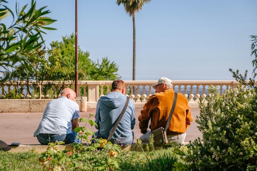 Three men sitting on a low wall in a sunlit park with a palm tree